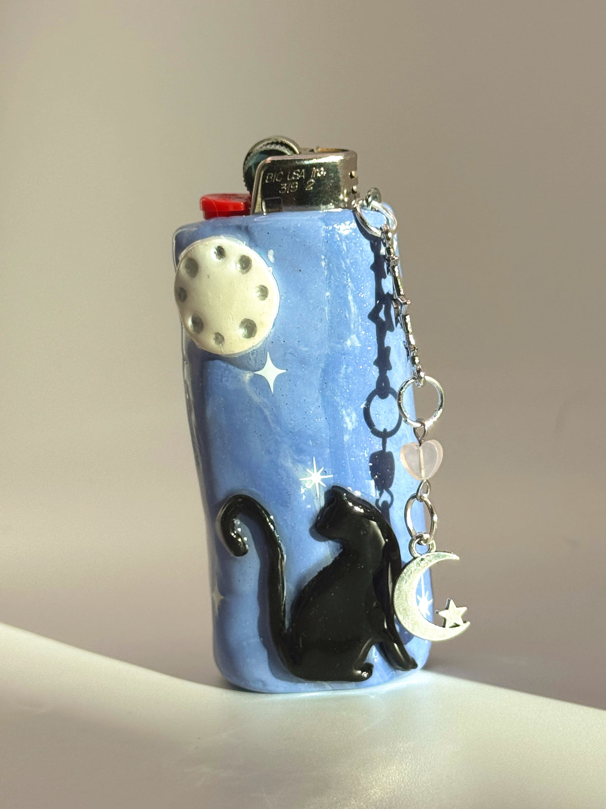 Black Cat Case with charm| Fits Standard Bic | Handmade Polymer Clay Art