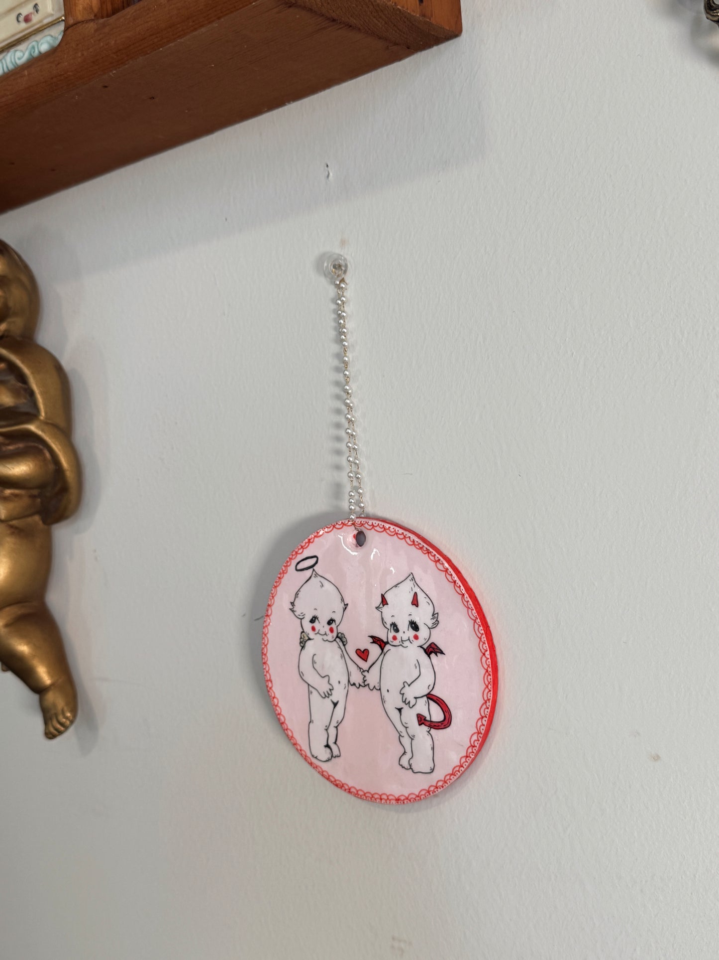 Angel & Devil Wall Hanging – Kewpie Inspired Handmade Pink Heart Décor with Pearl Hanger
