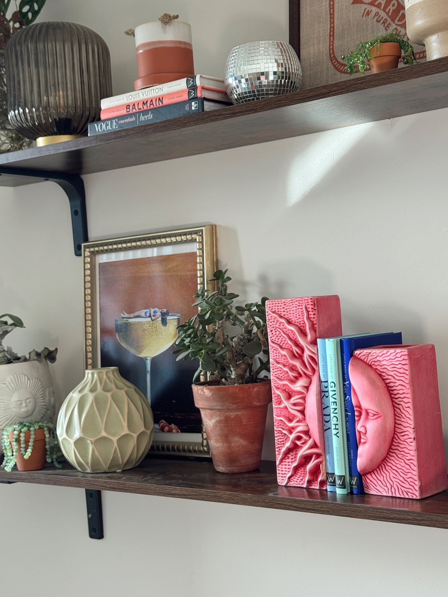 Vintage Pink Ceramic Sun & Moon Sculptural Bookends / Candle Holders (Set of 2)