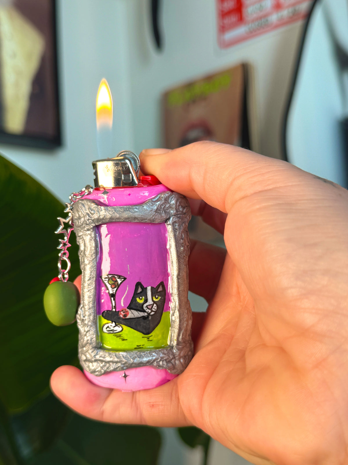 Vintage Frame Martini Kitty Case with charm| Fits Standard Bic | Handmade Polymer Clay Art