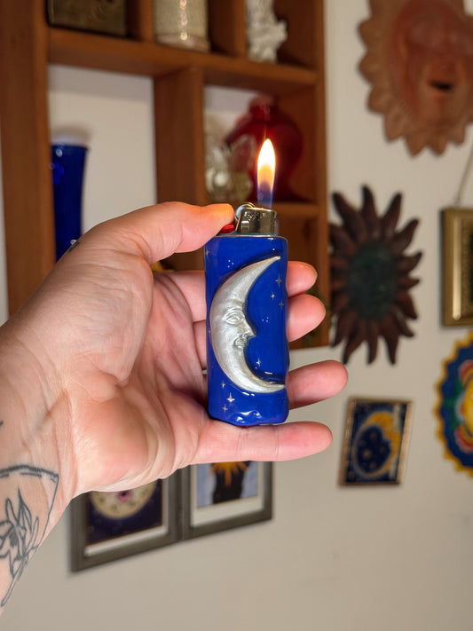Handmade Celestial Moon Lighter Case Silver – Polymer Clay 90s Inspired Starry Night Cover