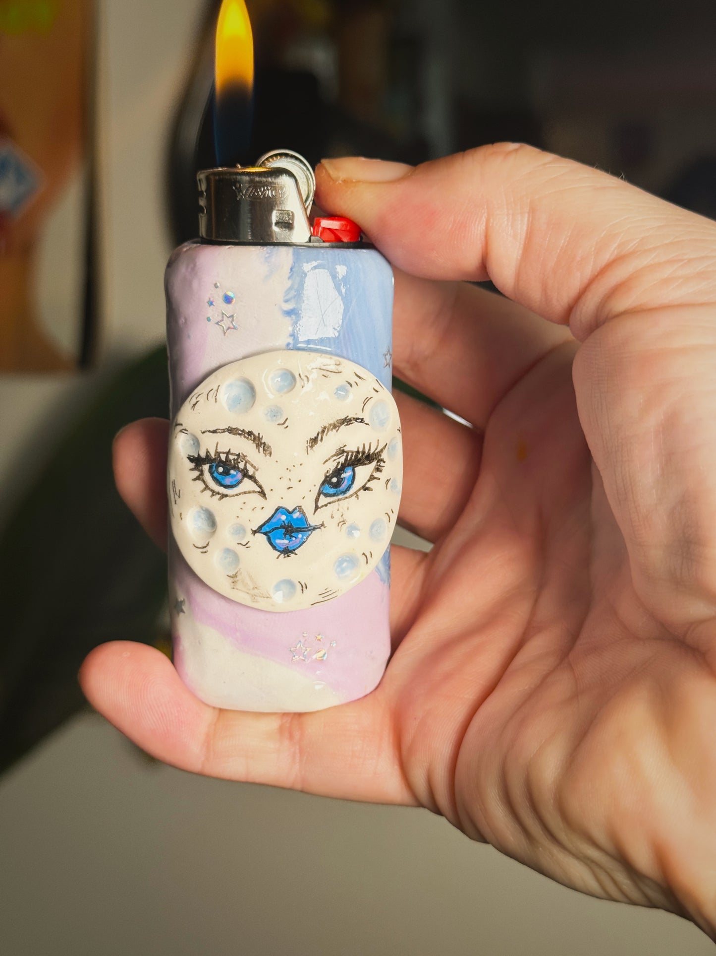 Sassy Moon Lighter Case| Fits Standard Bic | Handmade Polymer Clay Art