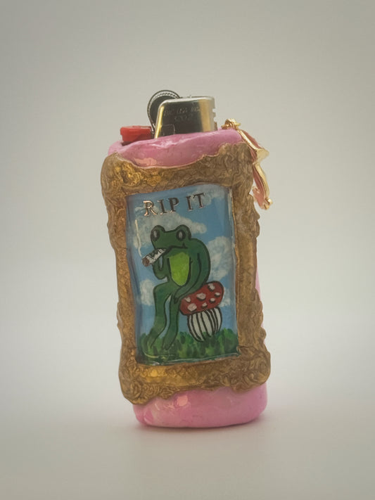 Rip It Frog Lighter Case with charm| Fits Standard Bic | Handmade Polymer Clay Art