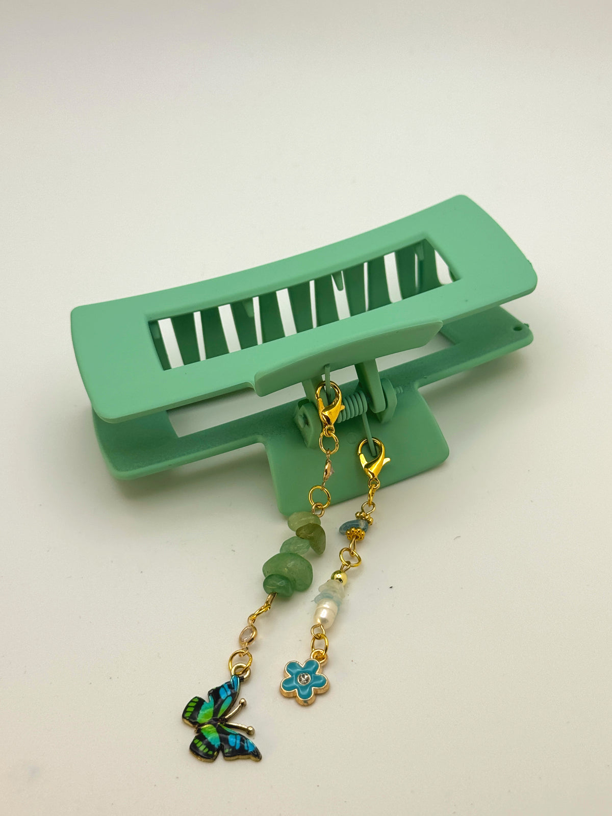 Sage Green Large Claw Clip with Handmade Beaded Charms | Removable Charm Clip | 4.1”
