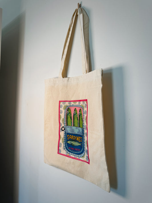 Sardines in Olive Oil Hand-Pressed Tote Bag | 15x16 Natural Cotton