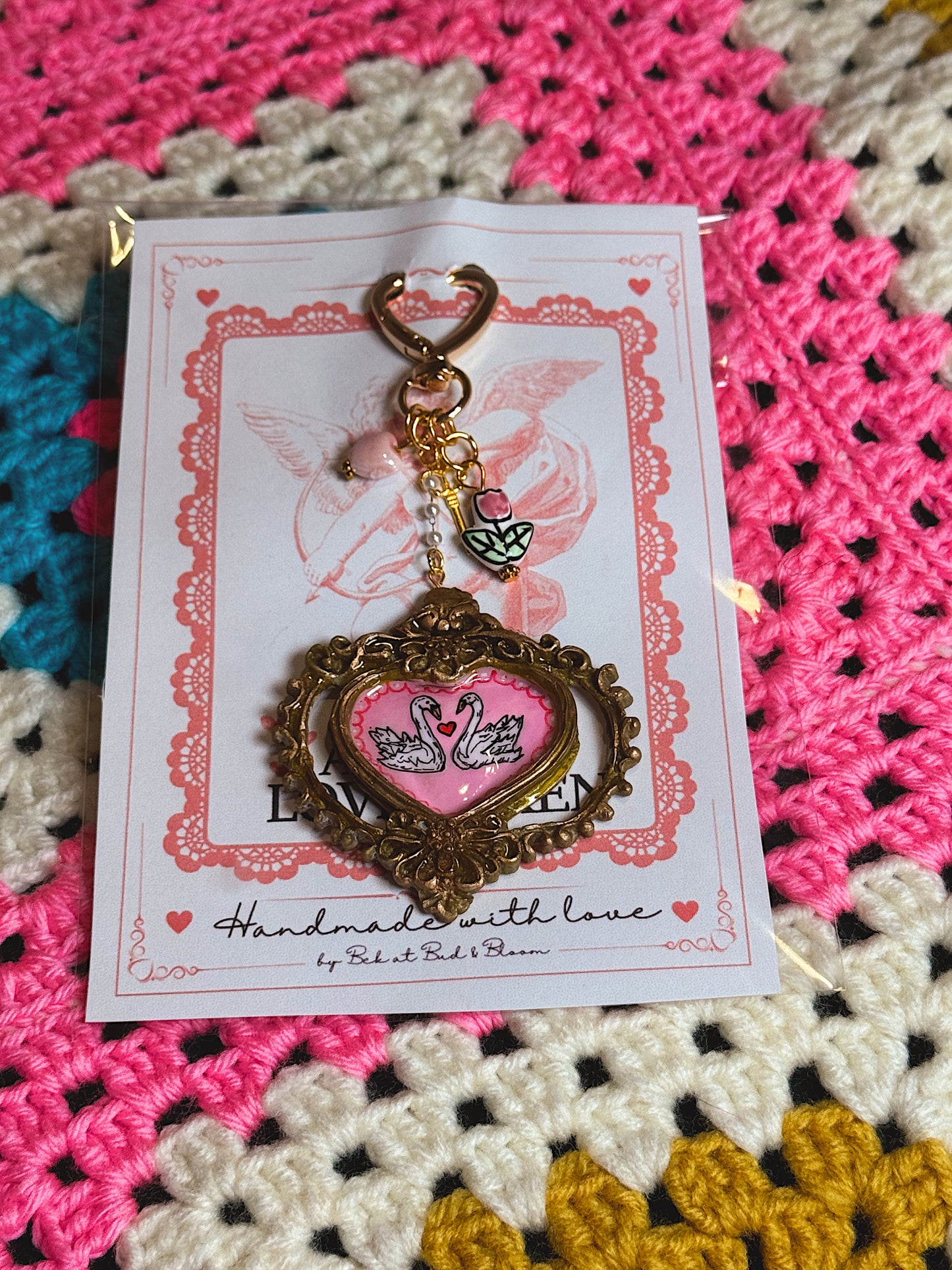Vintage Heart Swan Bag Charm – Ornate Frame Keychain with Handmade Details