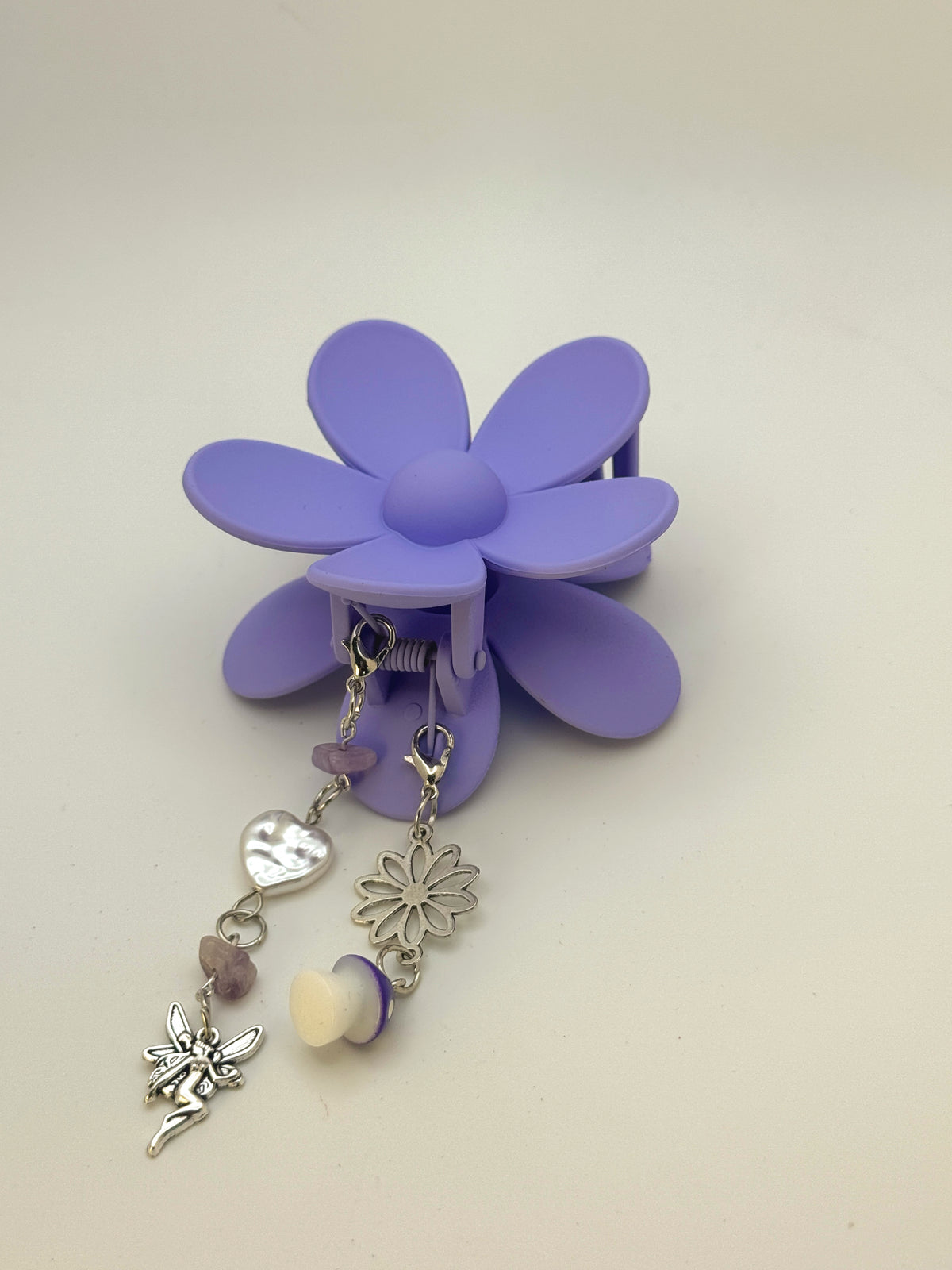 Purple Flower Medium Claw Clip with Handmade Beaded Charms | Removable Charm Clip | 3.1”