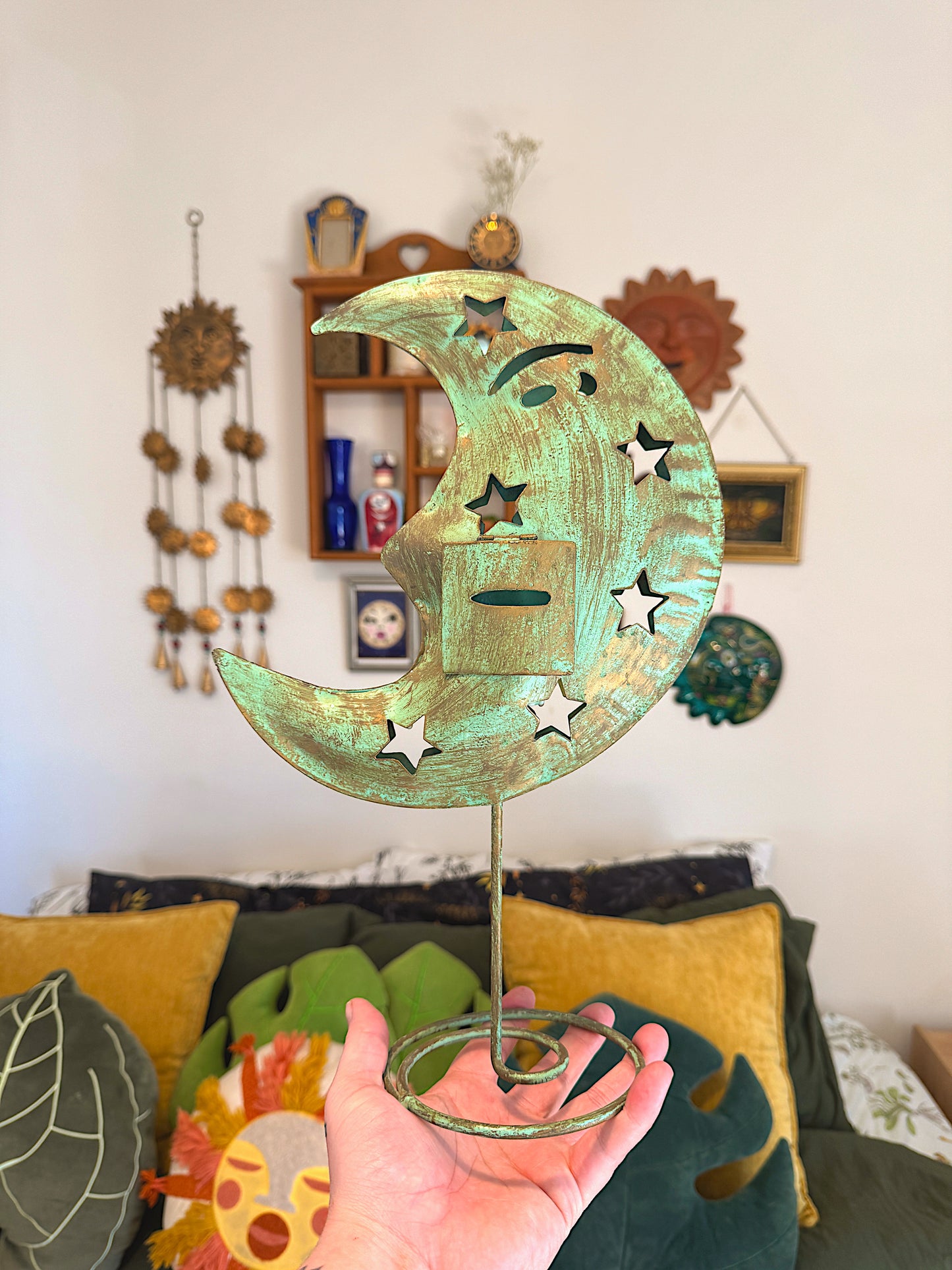 Celestial Boho Moon Face Candle Holder, 14" Tall Freestanding Metal Art