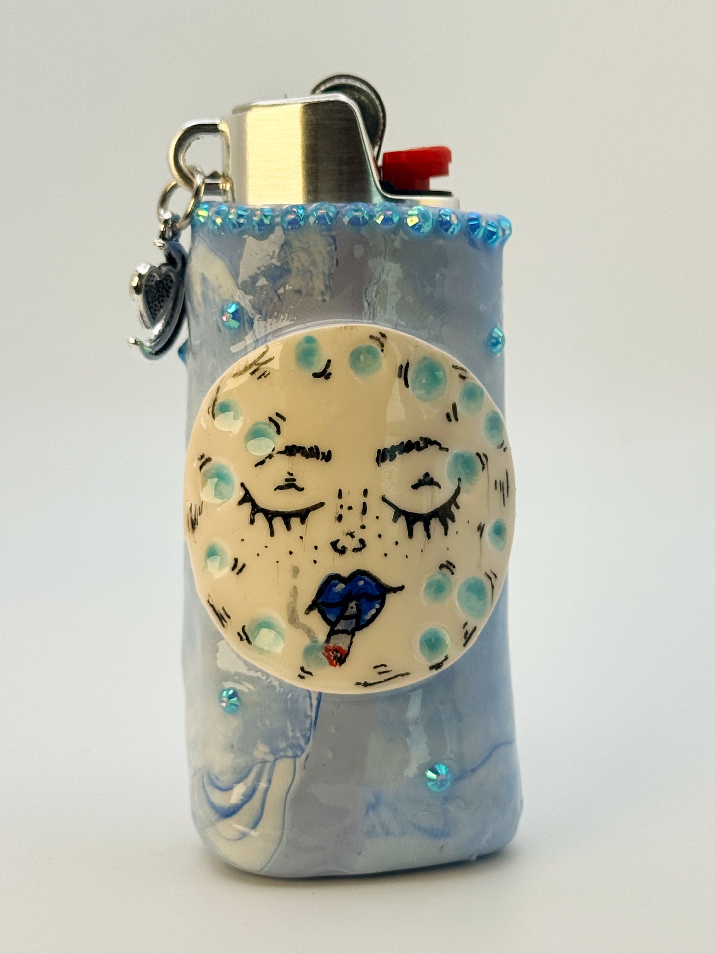 Smoking Blue Moon Lighter Case w/ charm | Fits Standard Bic | Handmade Polymer Clay Art