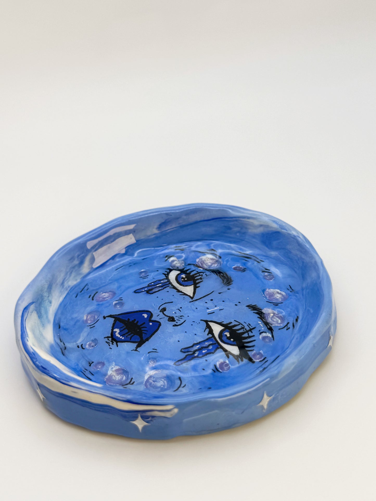 Handmade Sad Moon Face Ring Dish – 3.5” Polymer Clay Celestial Trinket Dish – Blue Starry Jewelry Dish