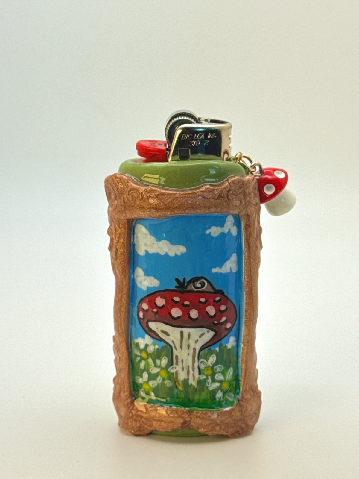 Vintage Frame Snail On A Mushroom Case with charm| Fits Standard Bic | Handmade Polymer Clay Art