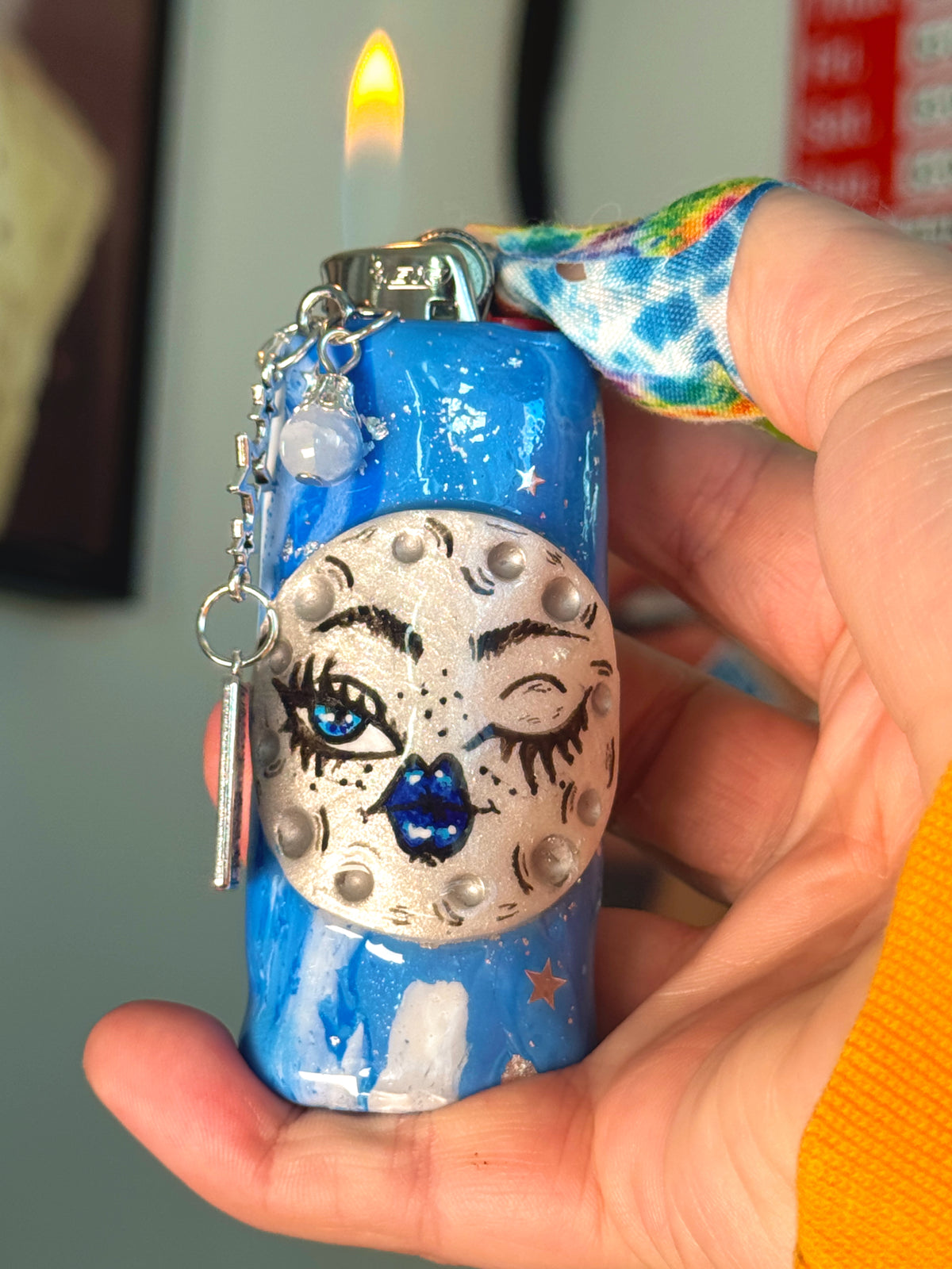 Winking Moon Case with charm| Fits Standard Bic | Handmade Polymer Clay Art