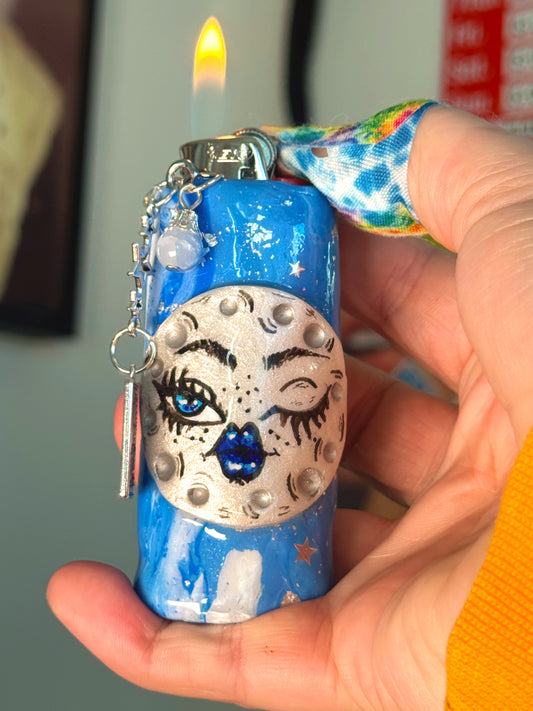 Winking Moon Case with charm| Fits Standard Bic | Handmade Polymer Clay Art