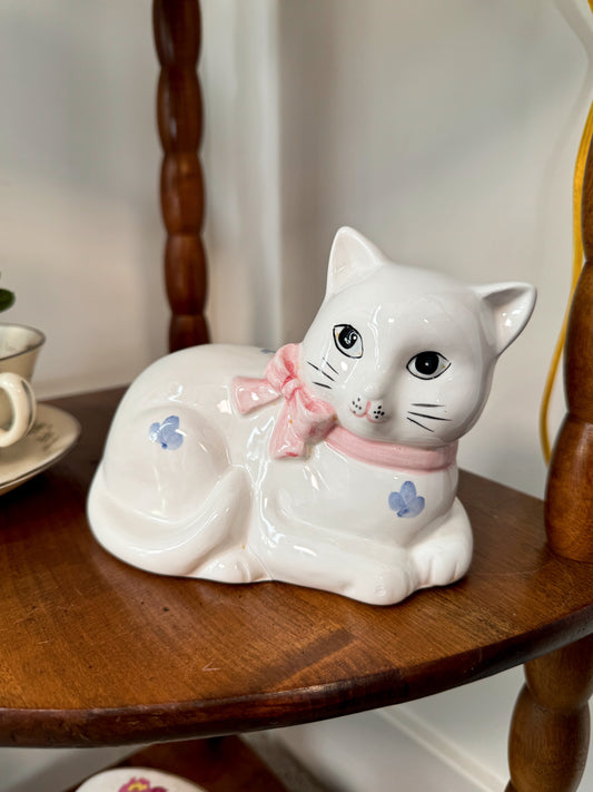 Vintage Ceramic Cat Figurine with Pink Bow | Made in Taiwan