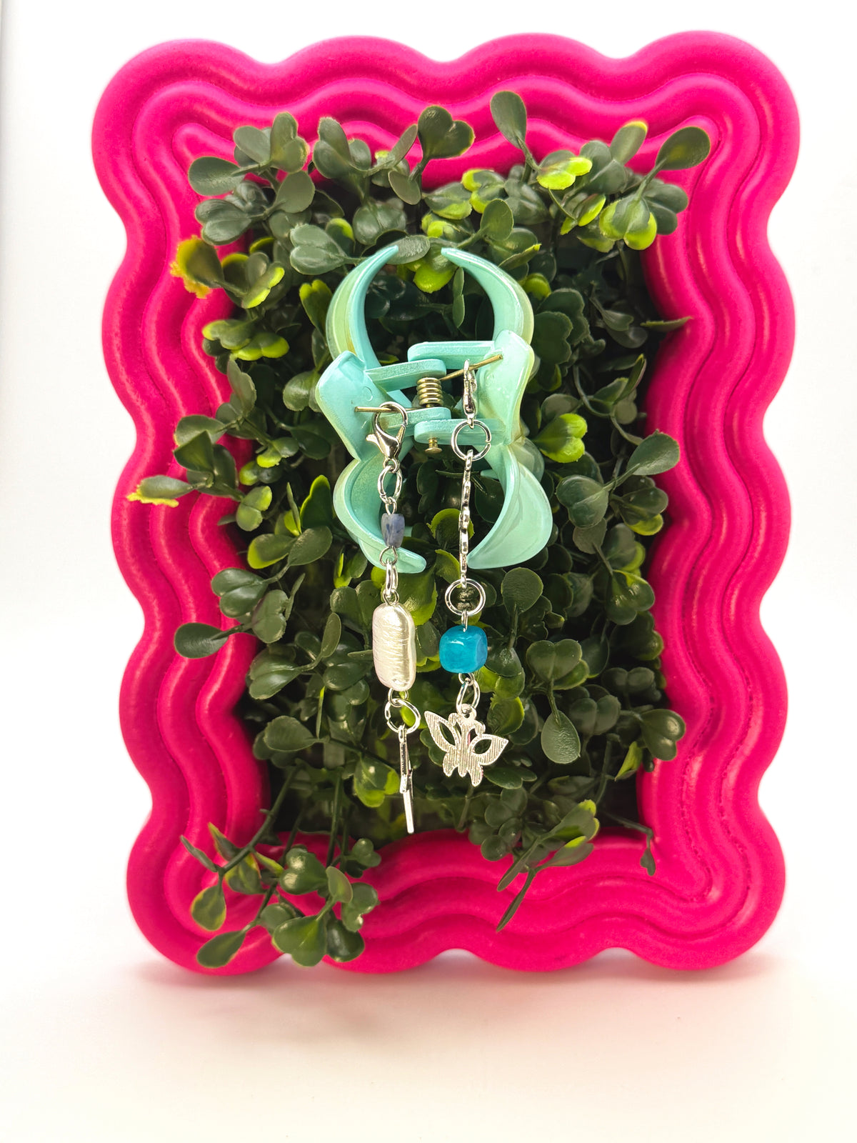Blue Flower Small Claw Clip with Handmade Beaded Charms | Removable Charm Clip | 2.1”