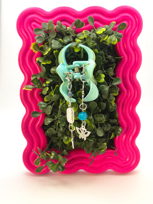 Blue Flower Small Claw Clip with Handmade Beaded Charms | Removable Charm Clip | 2.1”
