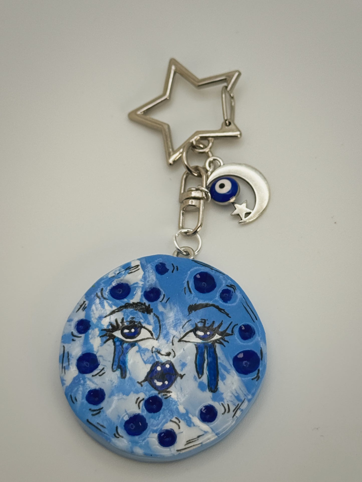 Sad Girl Moon Keychain – Handmade Polymer Clay Bag Charm
