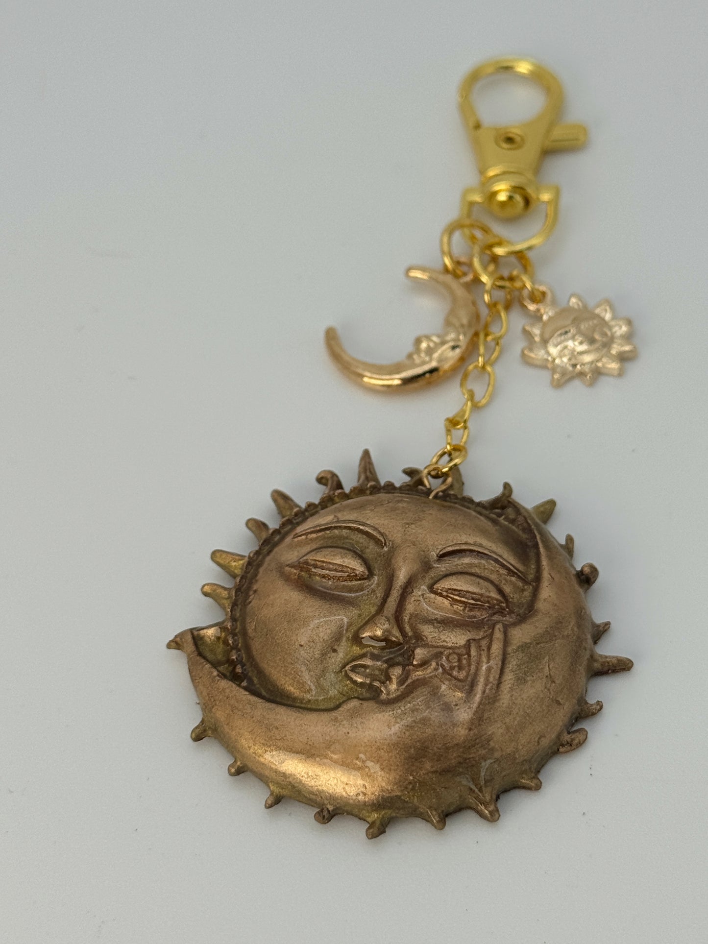 Handmade Celestial Sun & Moon Keychain – Vintage Style Gold Bag Charm
