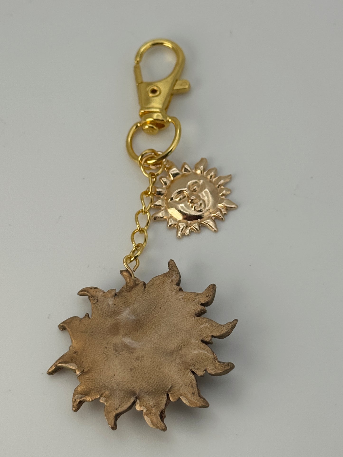 Golden Celestial Sun Bag Charm – Handmade Polymer Clay Keychain