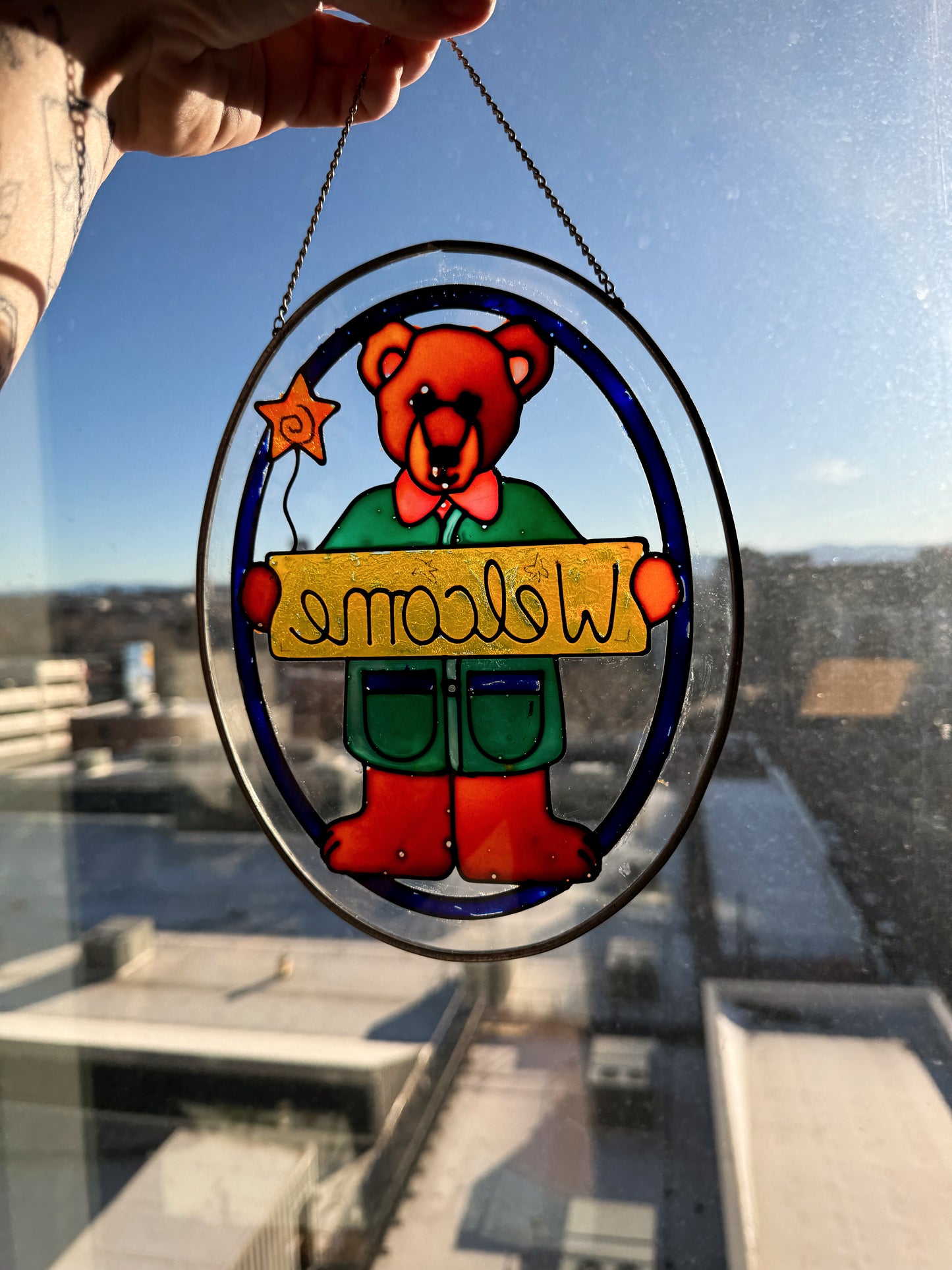 Vintage Stained Glass Teddy Bear “Welcome” Window Hanging | Suncatcher