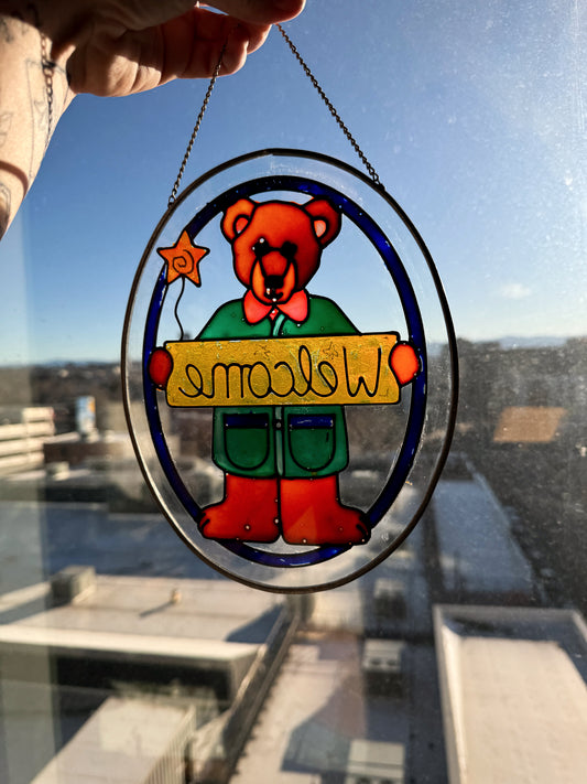 Vintage Stained Glass Teddy Bear “Welcome” Window Hanging | Suncatcher