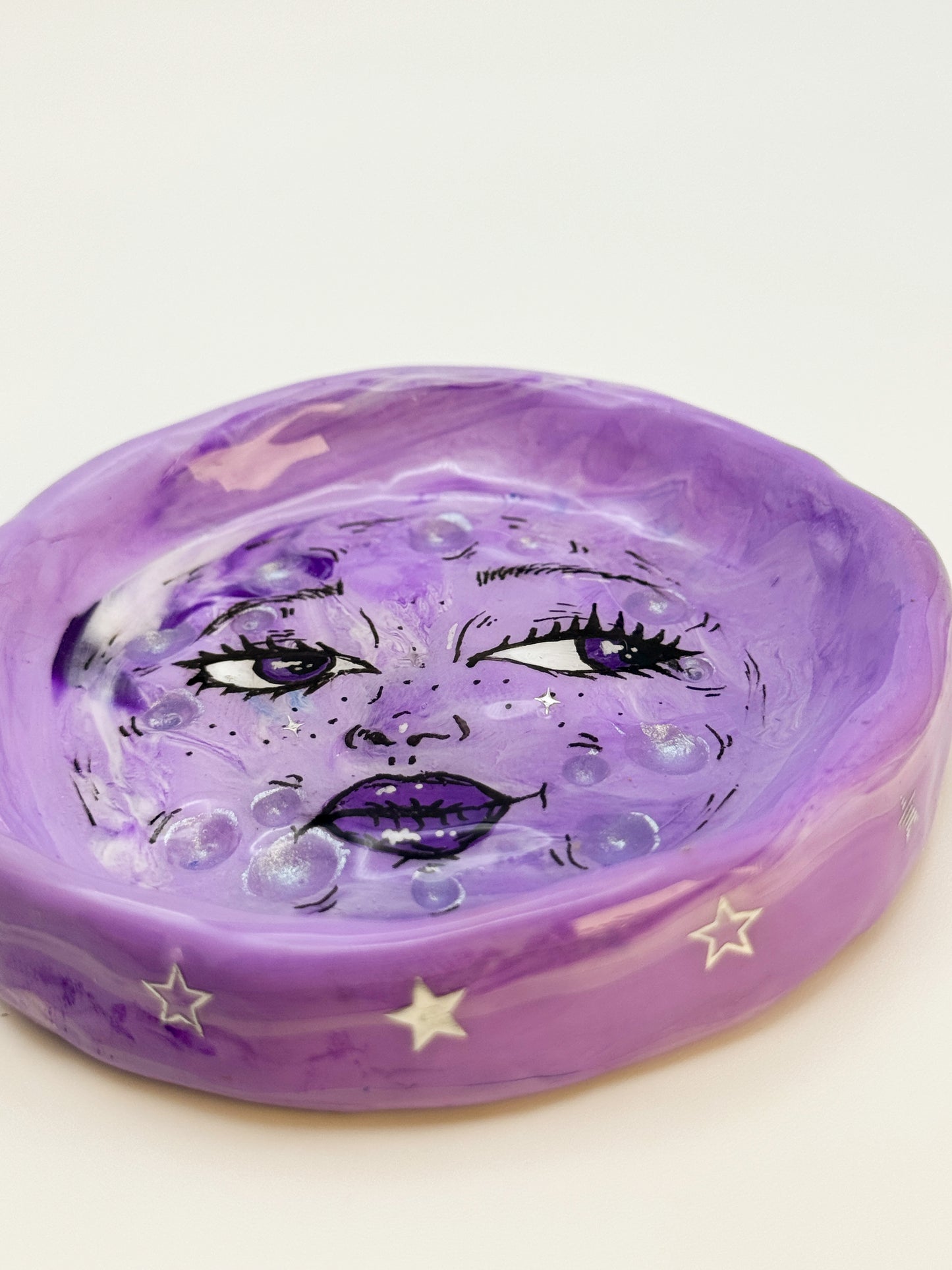 Handmade Moon Face Ring Dish – 3.5” Polymer Clay Celestial Trinket Dish – Purple Starry Jewelry Dish