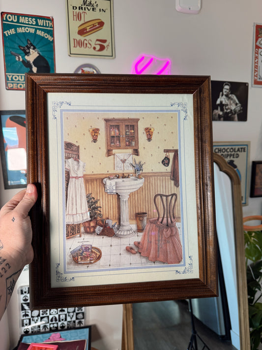 Vintage Framed Bathroom Art Print – Cottagecore Powder Room Scene – 16.5” x 13.5”