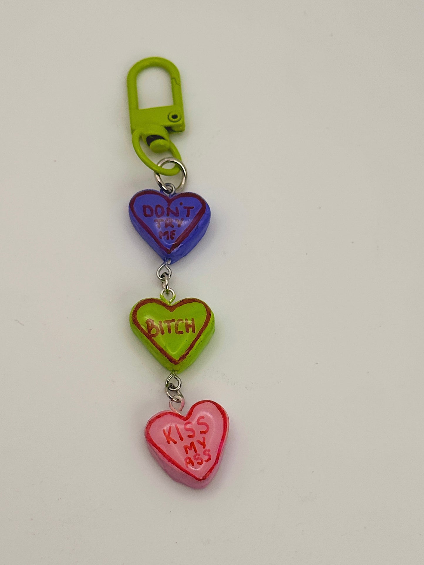 Sassy Conversation Hearts Bag Charm – Green Clip with Bold Statement Heart Charms