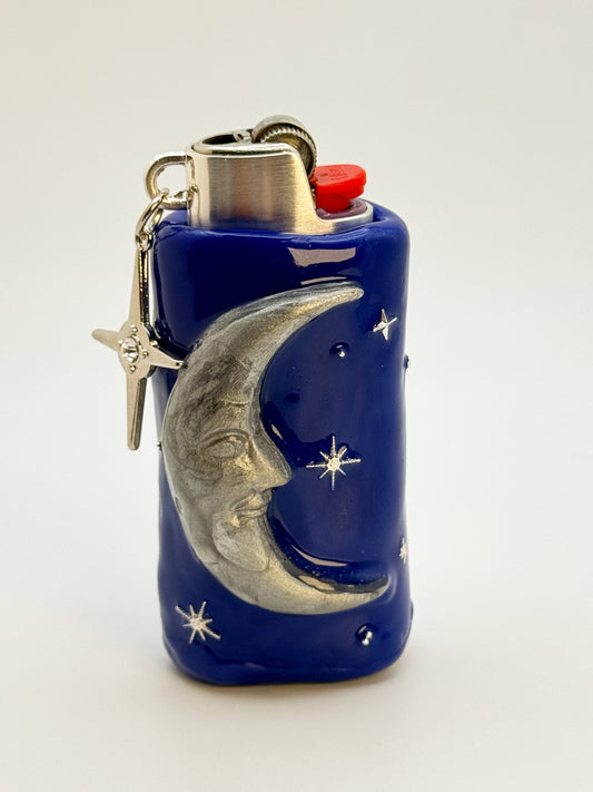 Handmade 90s Celestial Moon Lighter Case – Deluxe Metal Insert + Charm – Polymer Clay Starry Night Cover (Fits Standard Bic)