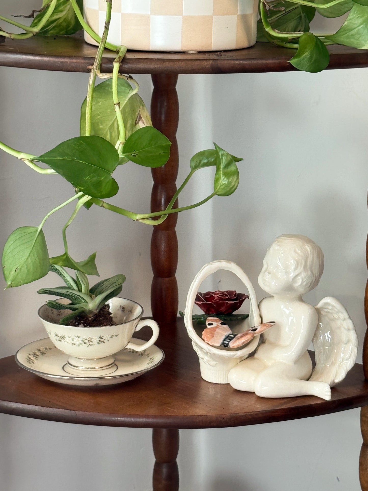 Vintage Ceramic Cherub Figurine with Basket & Rose