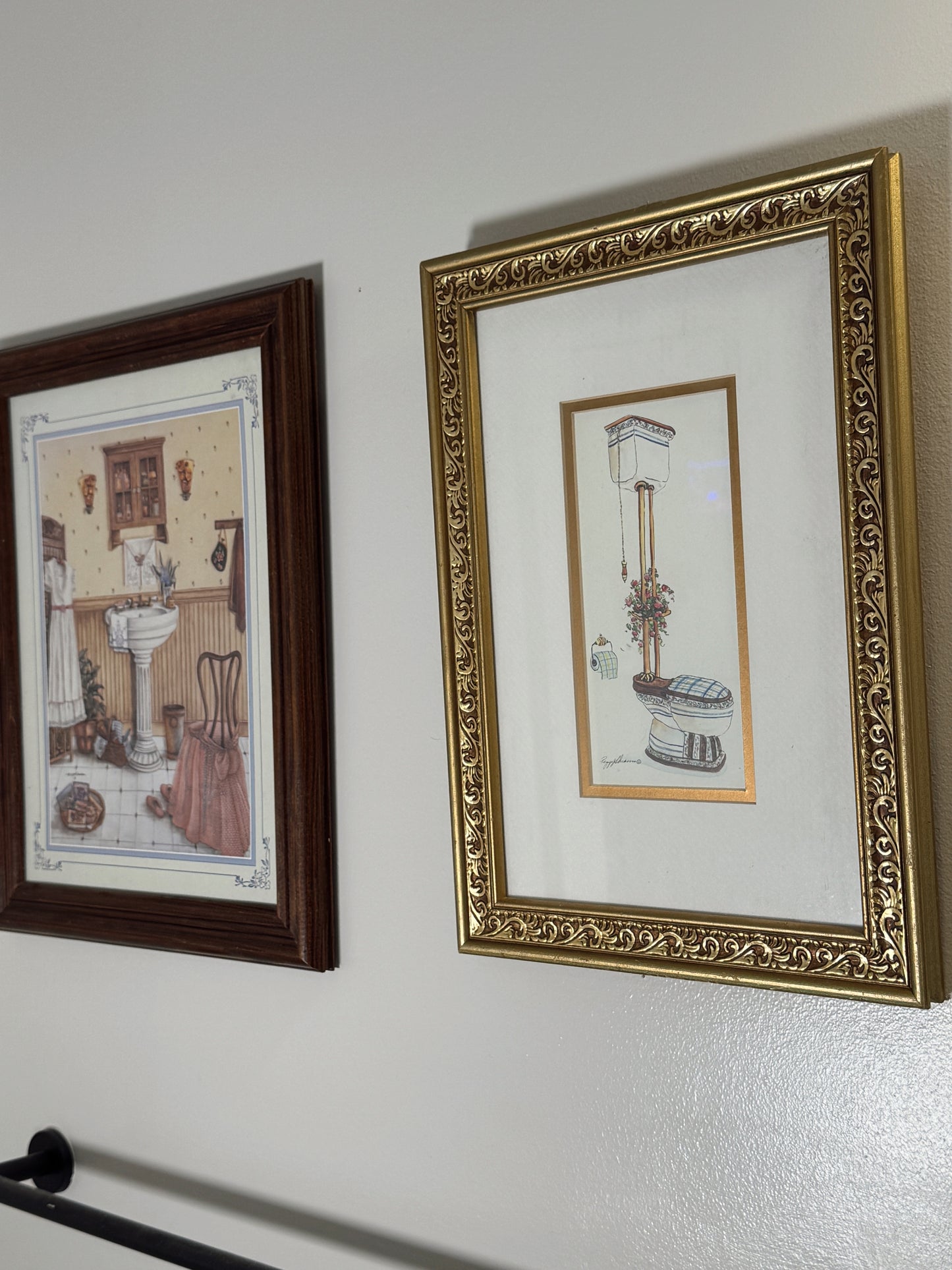 Vintage Victorian Bathroom Illustration in Ornate Gold Frame – 15” x 11”