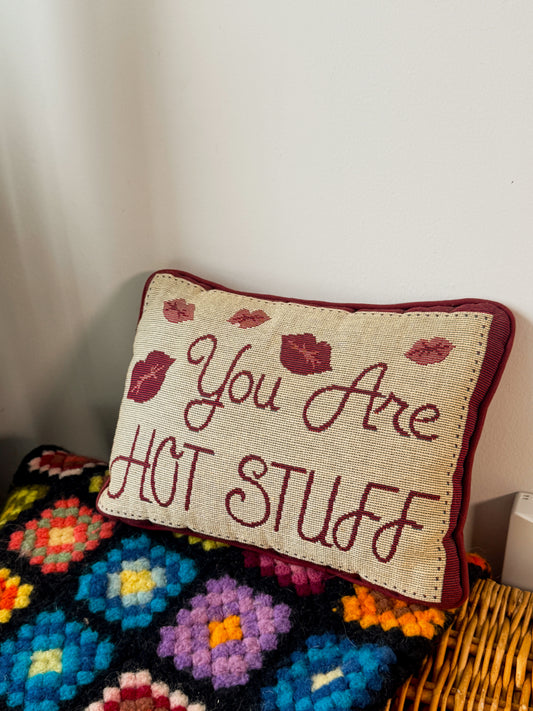 Vintage “You Are Hot Stuff” Needlepoint Pillow | Retro Accent Cushion