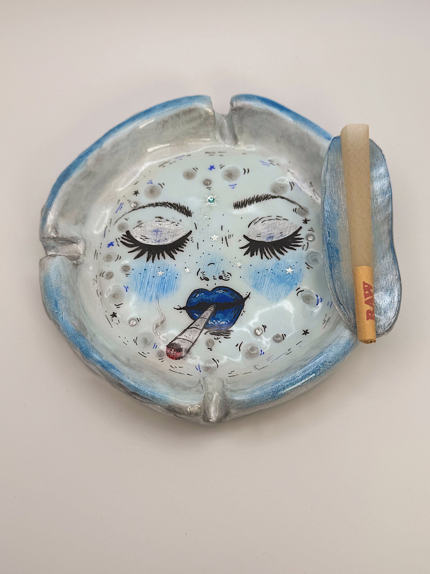Blue Smoking Moon Ashtray – Hand-Painted Celestial Moon Dish (5.5”)