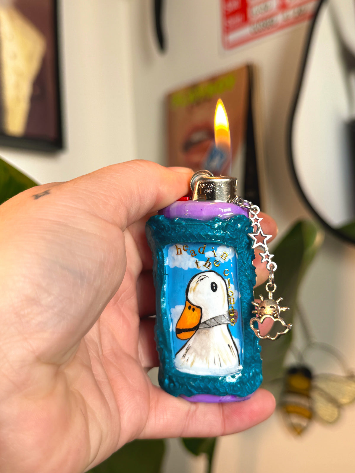 Vintage Frame Head in the Clouds Smoking Duck Case with charm| Fits Standard Bic | Handmade Polymer Clay Art
