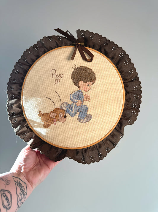 Vintage Nursery Cross Stitch Wall Hanging | Boy & Puppy | Framed Embroidery Hoop