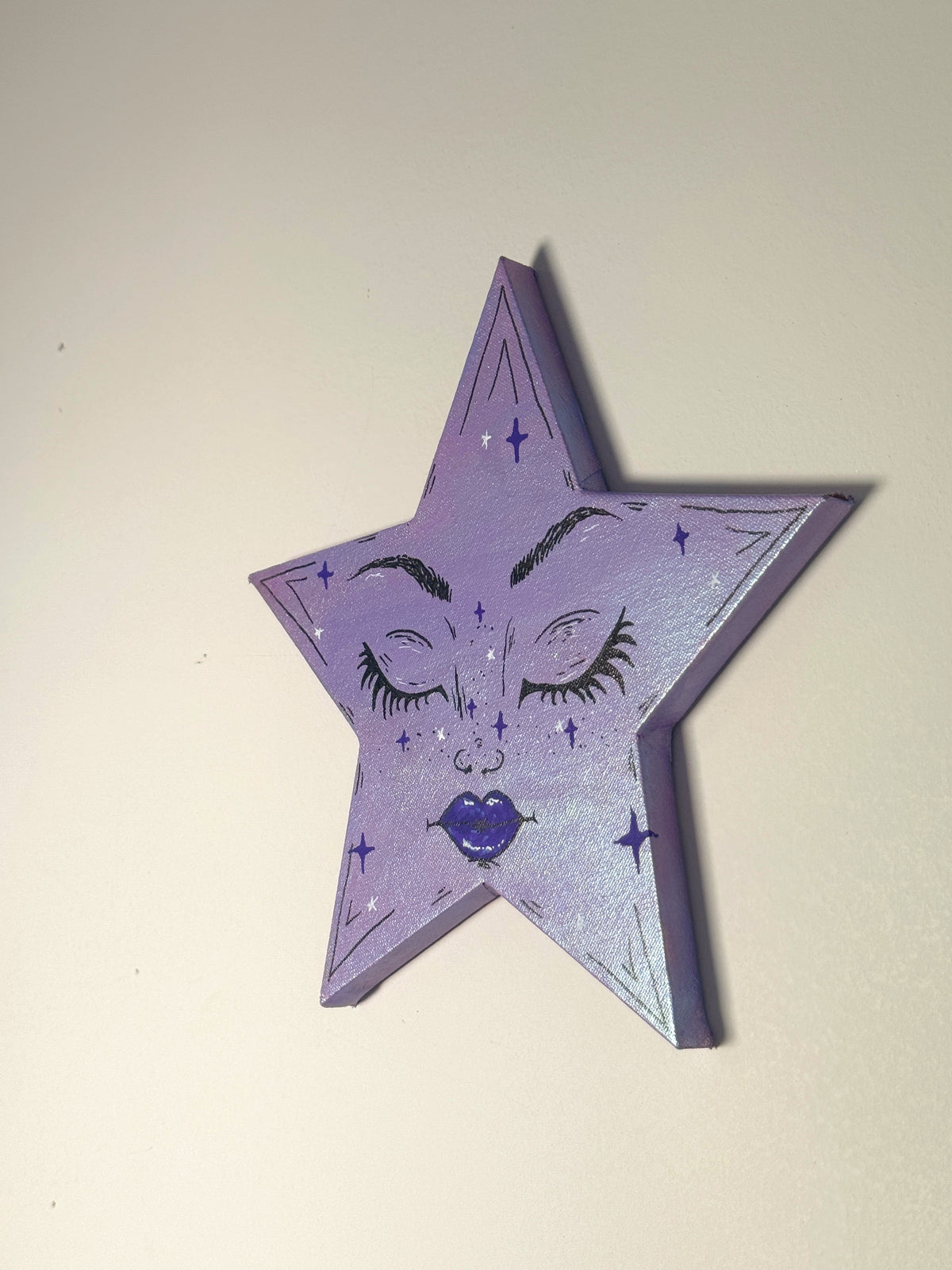 Holographic Lavender Celestial Star Wall Art – Hand-Painted Star Face Decor— Original 10” Canvas Art