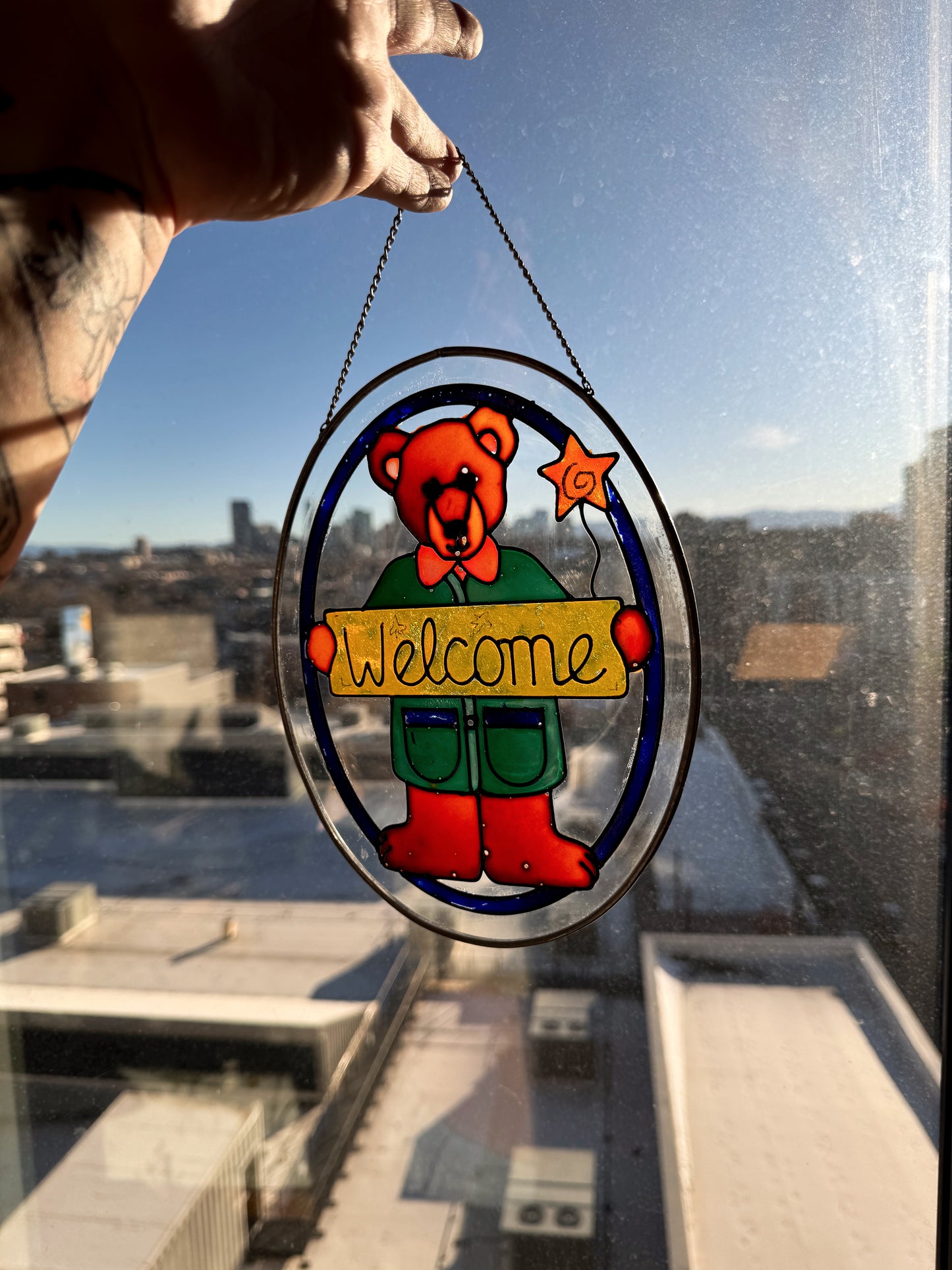 Vintage Stained Glass Teddy Bear “Welcome” Window Hanging | Suncatcher