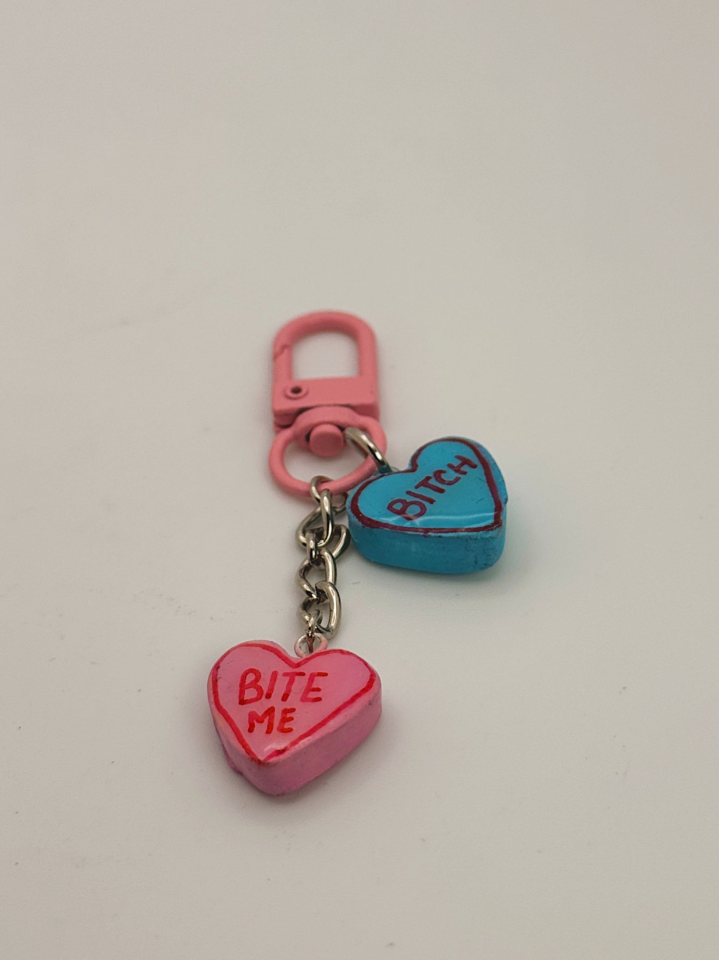 Sassy Conversation Hearts Bag Charm – Pink Clip with Bold Statement Heart Charms