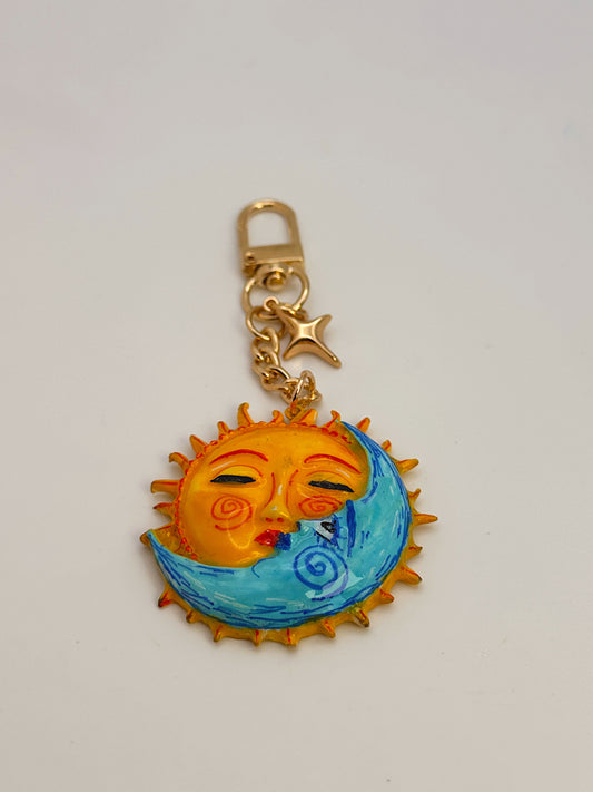Sun & Moon Bag Charm – Hand-Painted Celestial Keychain with Gold Hardware