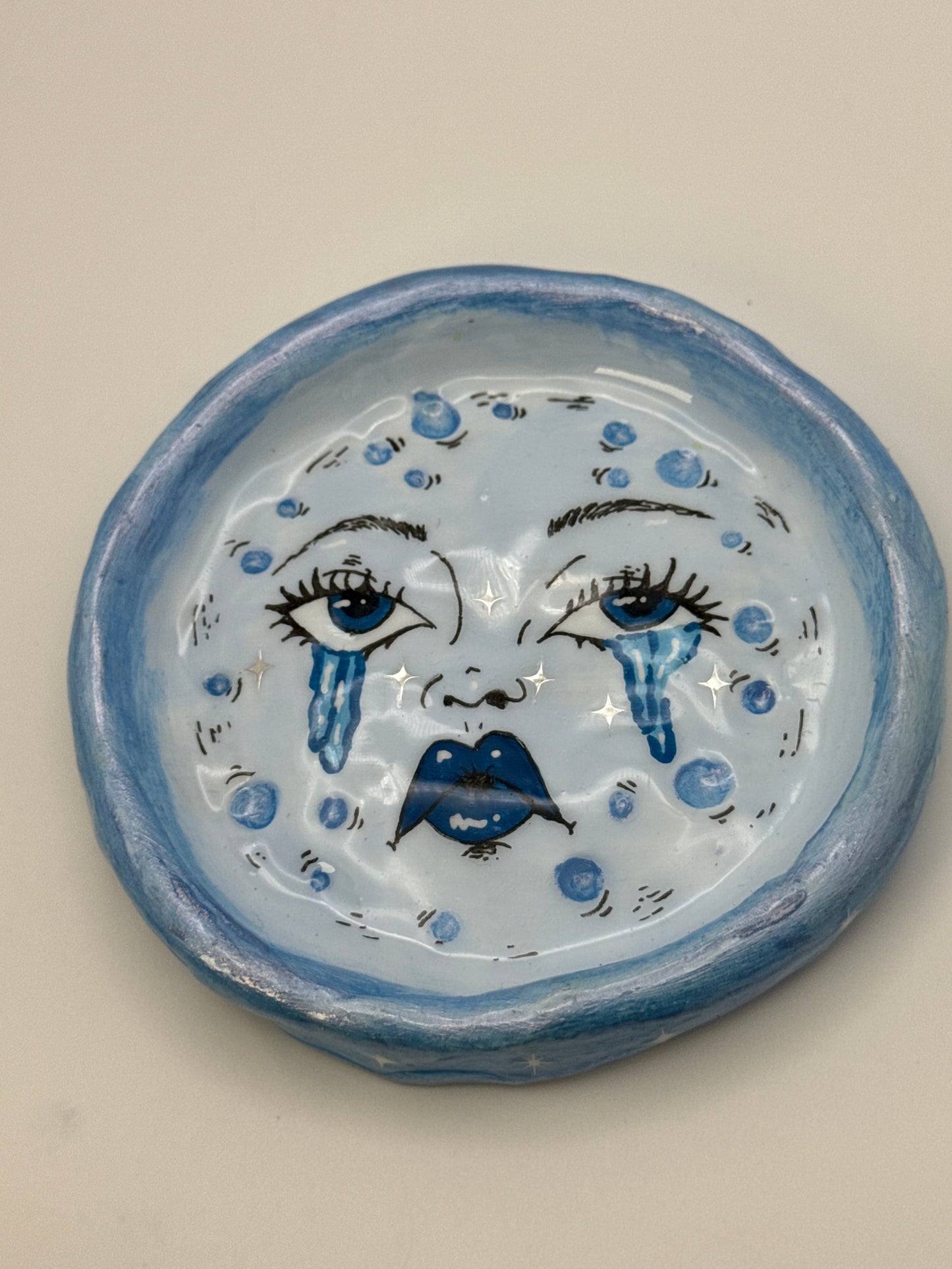 Sad Girl Moon Trinket Dish | Blue Celestial Ring Dish | Handmade (5.5”)