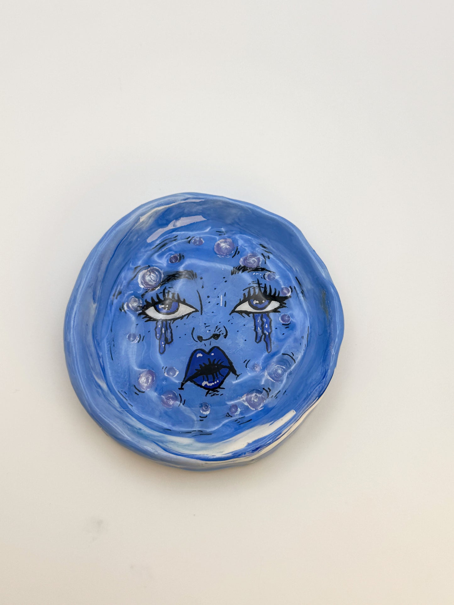 Handmade Sad Moon Face Ring Dish – 3.5” Polymer Clay Celestial Trinket Dish – Blue Starry Jewelry Dish