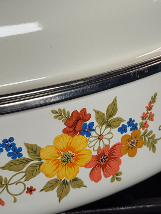 Vintage 1970s Floral Enamel Roasting Pan with Lid – Retro Cottage Core Kitchen Bakeware