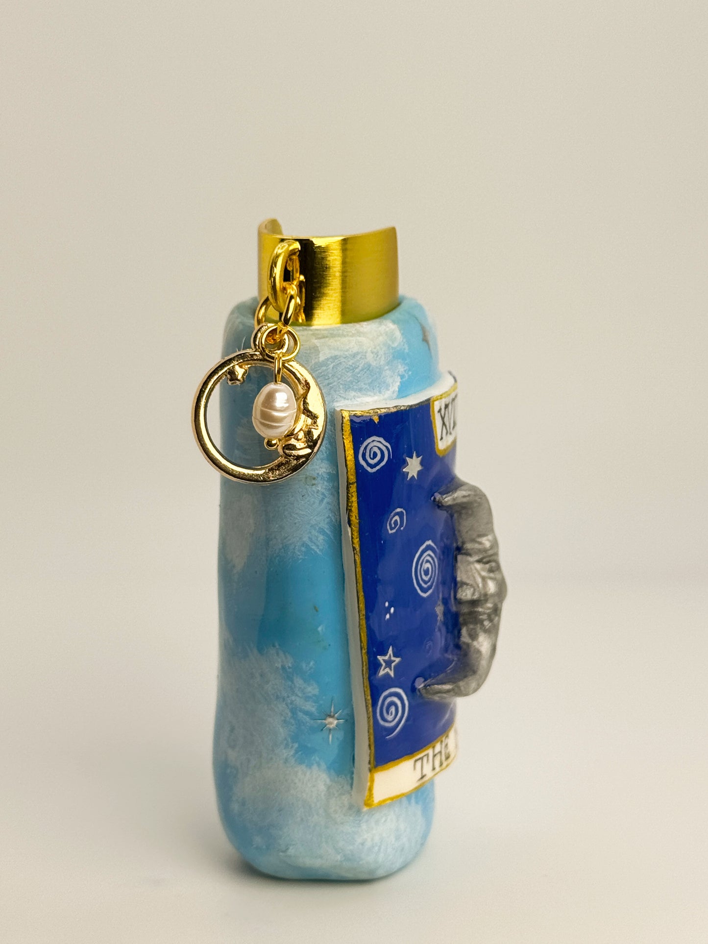 The Moon Tarot Card Lighter Case w/ Charm | Fits Standard Bic | Handmade Polymer Clay Art