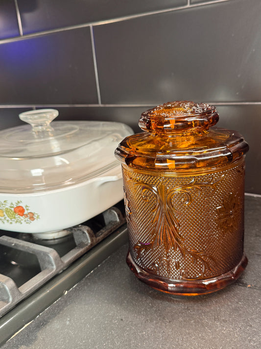 Vintage Amber Glass Lidded Canister Jar • Floral Pressed Glass • Heavy Indiana-Style Storage Jar