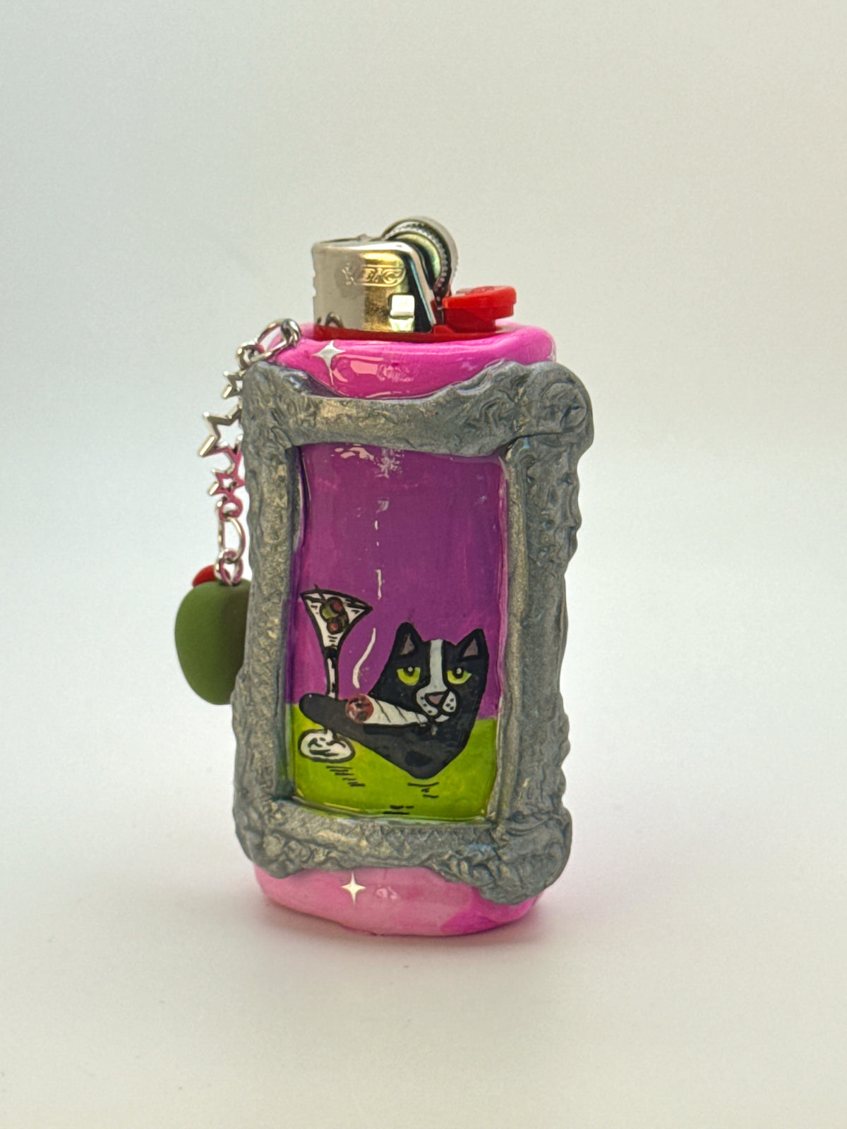 Vintage Frame Martini Kitty Case with charm| Fits Standard Bic | Handmade Polymer Clay Art