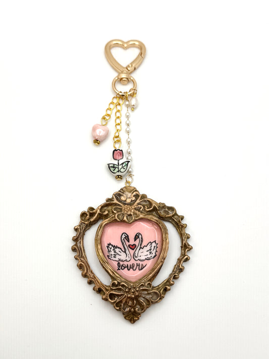 Vintage Heart Swan Bag Charm – Ornate Heart Frame Keychain with Handmade Details