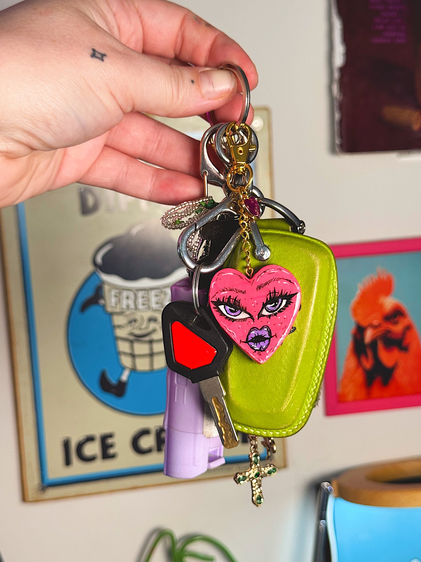 Heart Face Bag Charm – Hand-Painted Heart Keychain with Gold Charms