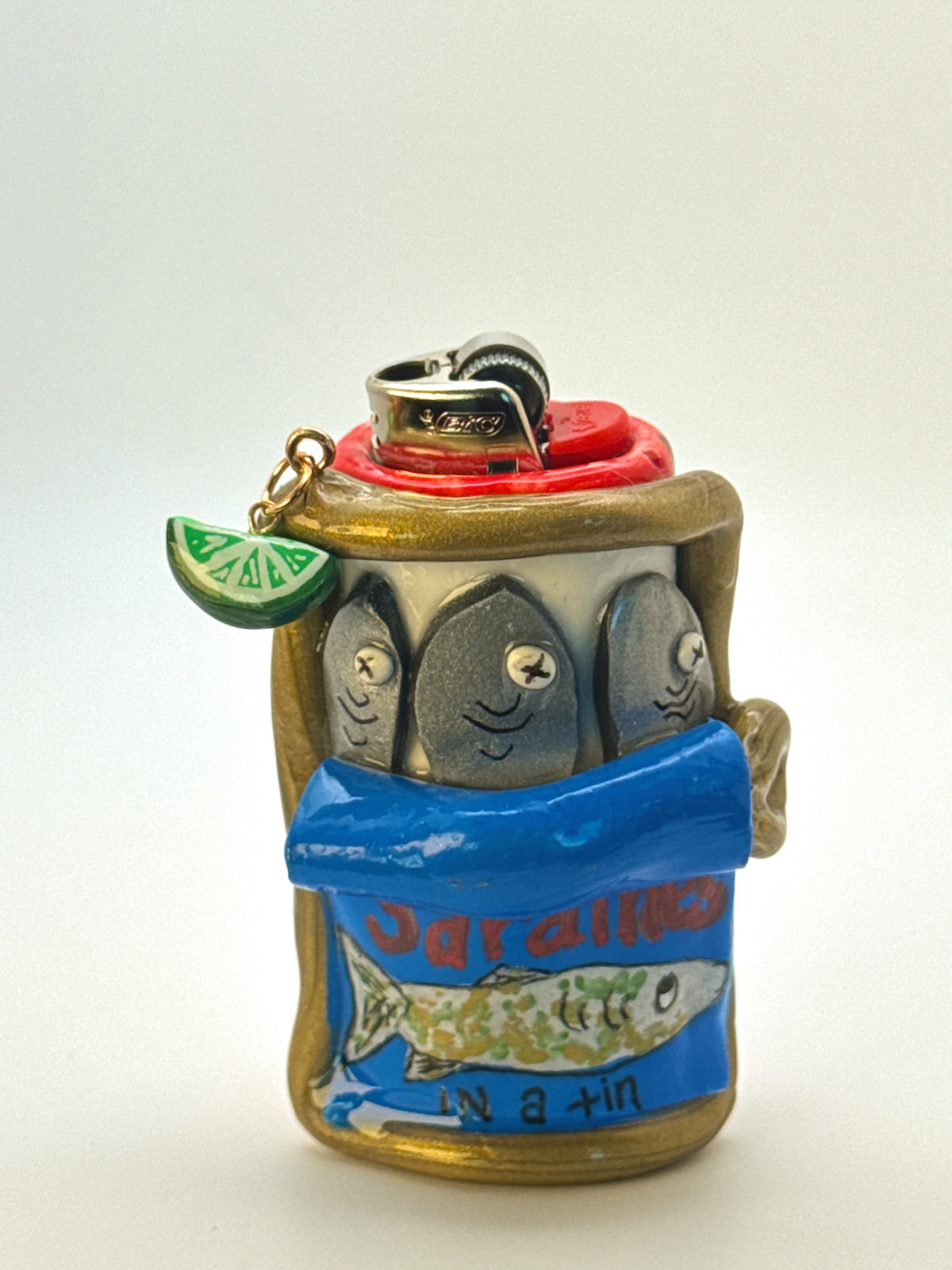 Sardines Tin Case with charm| Fits Standard Bic | Handmade Polymer Clay Art