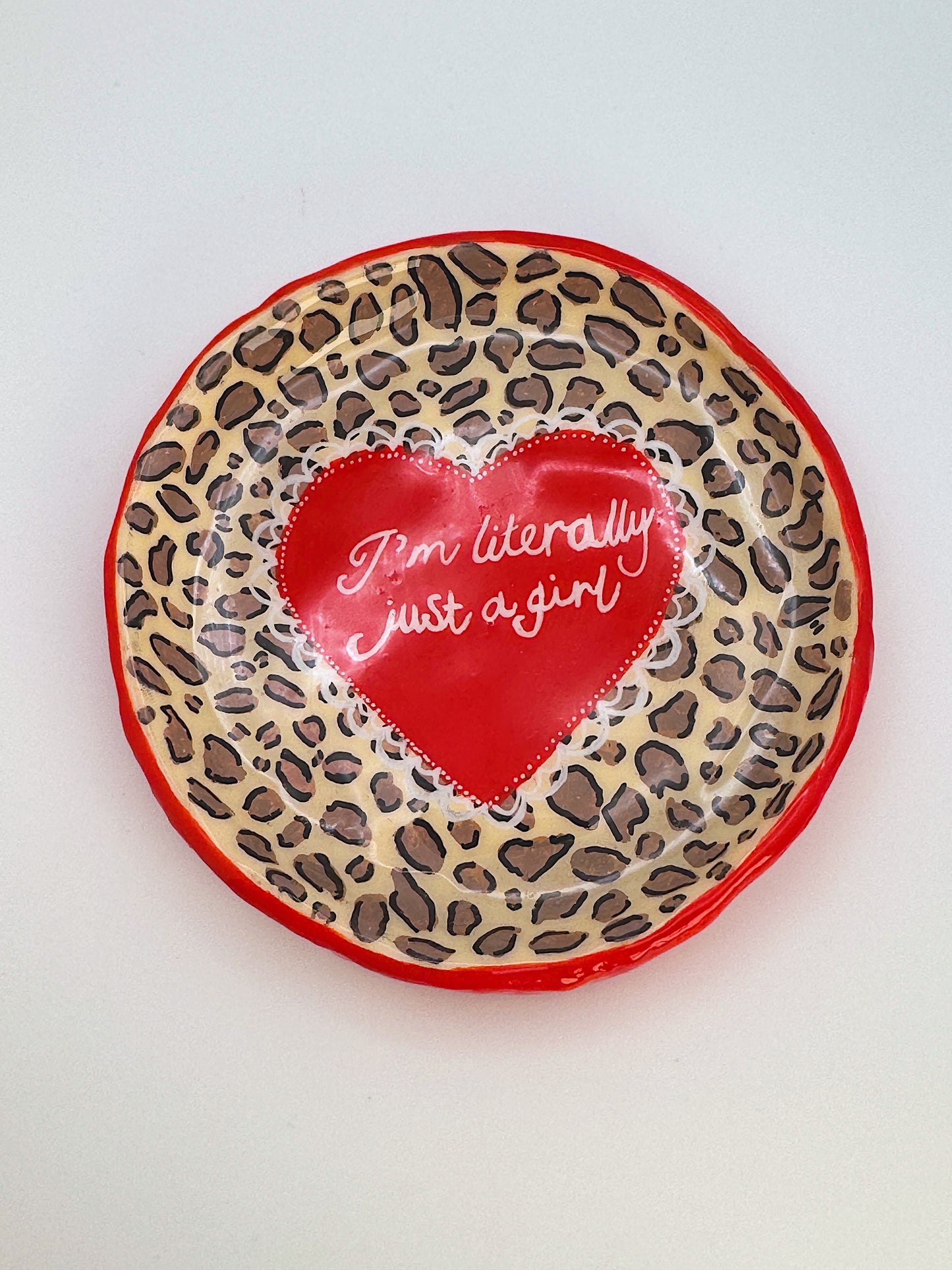 I’m Literally Just a Girl Trinket Dish – Handmade Polymer Clay Cheetah Print Dish with Heart Detail