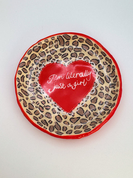 I’m Literally Just a Girl Trinket Dish – Handmade Polymer Clay Cheetah Print Dish with Heart Detail